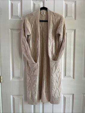 Hippie Rose Long Open-Front Cable Knit Cardigan - Cream Size Small